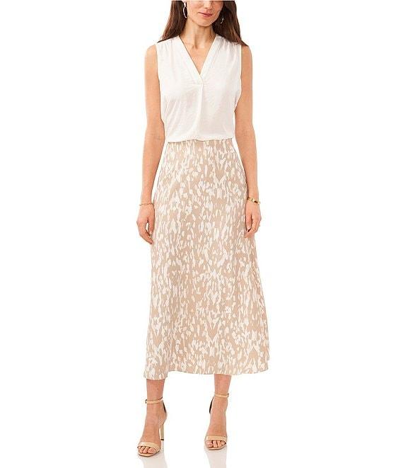 Vince Camuto Spotted Print Luxe Crepe De Chine Pull-On A-Line Midi Skirt Product Image