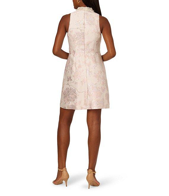 Adrianna Papell Floral Jacquard V-Neck Sleeveless Pearl Trim A-Line Dress Product Image