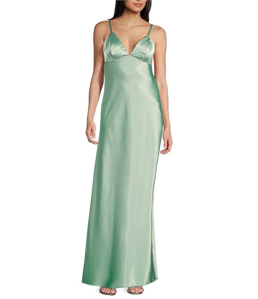 Morgan & Co. Sleeveless Spaghetti Strap Satin Rhinestone Trim Dress Product Image