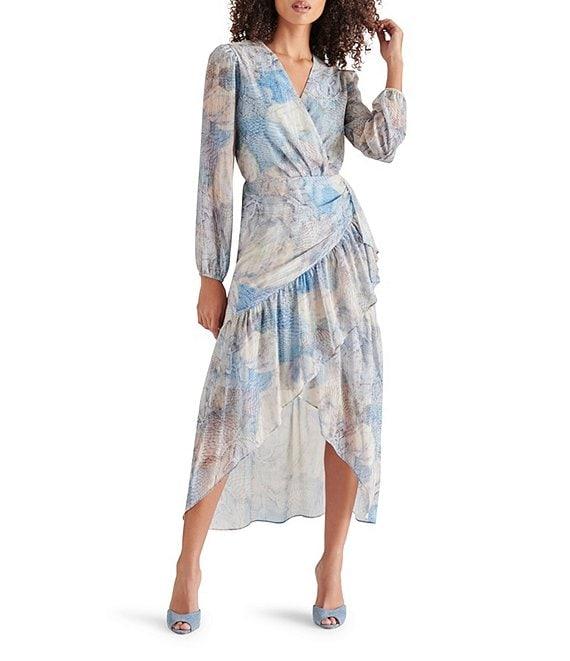 Steve Madden Renata Lurex Chiffon Printed V Neck Long Sleeve High Low Midi Dress Product Image