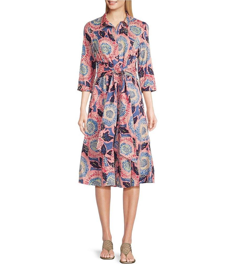 NIC + ZOE Stretch Cotton Scribble Blooms Print 3/4 Sleeve Midi Shirt Dress Product Image