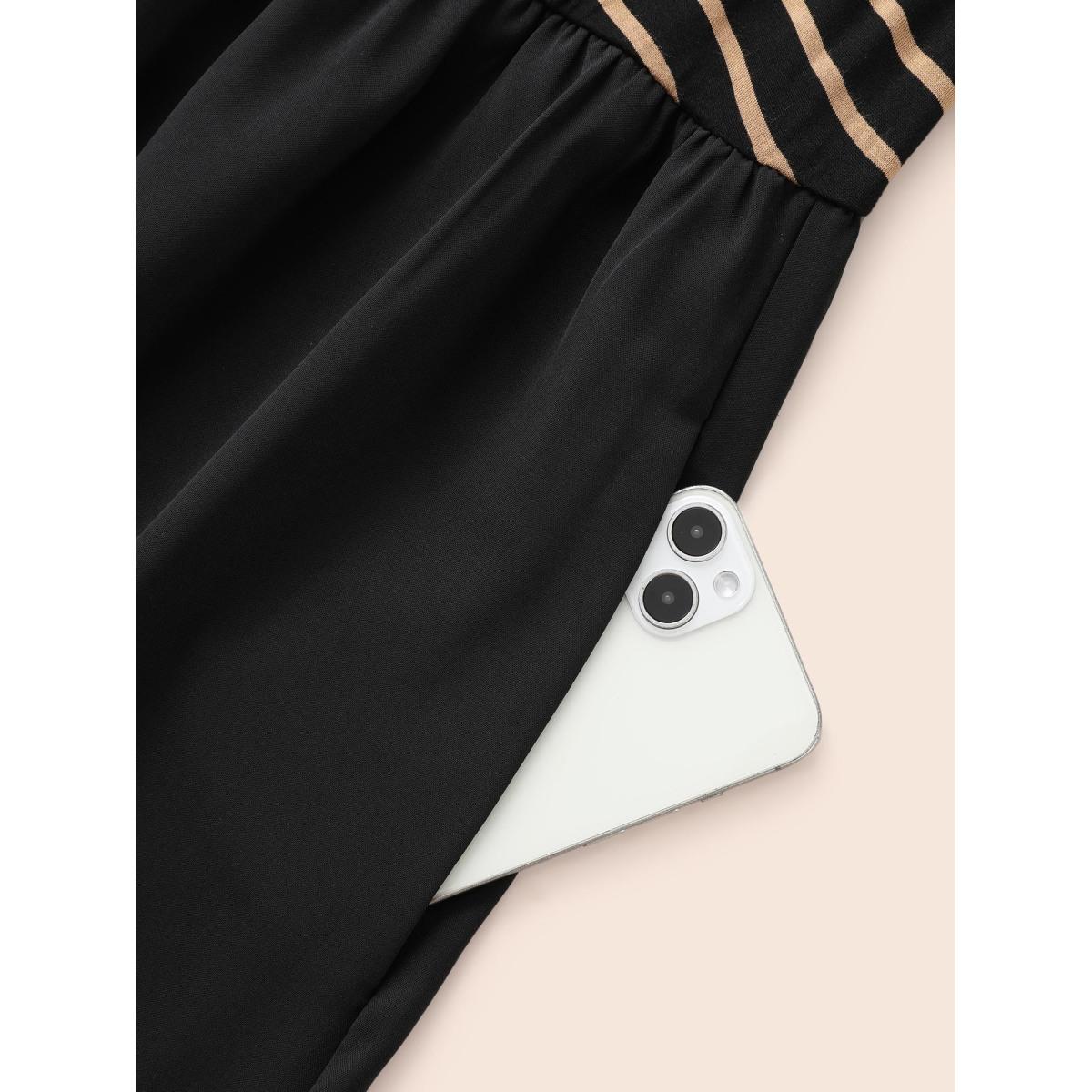 Plus Size Square Neck Striped Patchwork Midi Dress Black Women Casual Patchwork Round Neck Elbow-length sleeve Curvy BloomChic 12/L Product Image