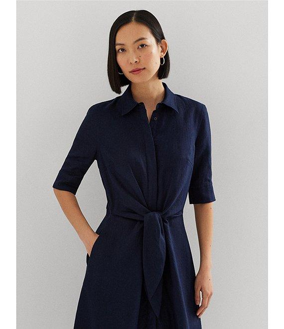 Lauren Ralph Lauren Linen Point Collar Elbow Sleeve Button Front Self Tie Fit-And-Flare Shirt Midi Dress Product Image