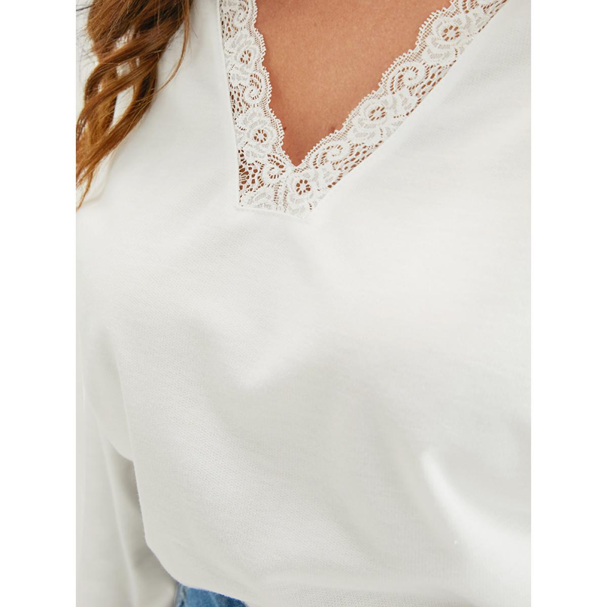 Plus Size Solid Contrast Lace	V Neck Long Tee White Women Elegant Patchwork Plain V-neck Dailywear T-shirts BloomChic 30/6X Product Image