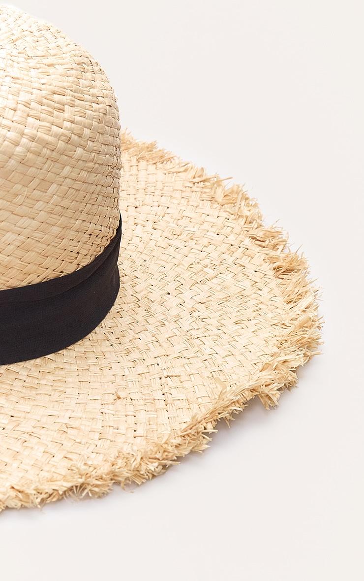Natural Raffia Frayed Straw Sun Hat with Black Ribbon Detail Product Image