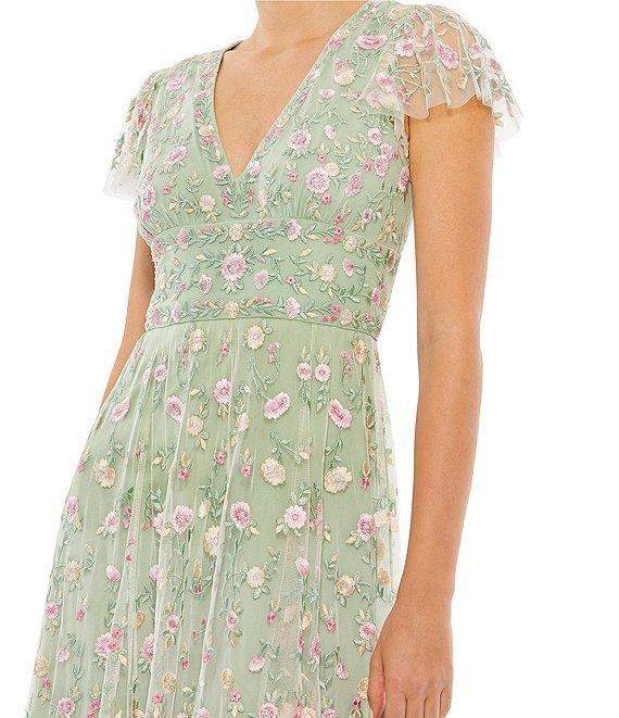 Mac Duggal Short Flutter Sleeve Plunge V-Neck Floral Print A-Line Dress Product Image