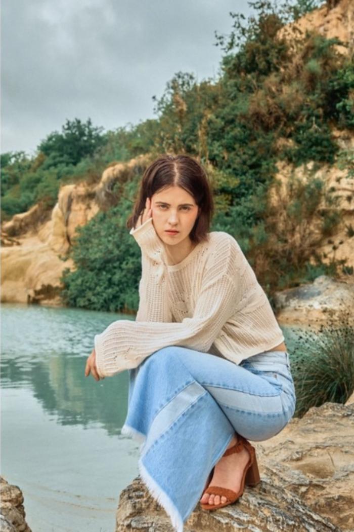 Midi High Rise Denim Contrast Skirt Product Image