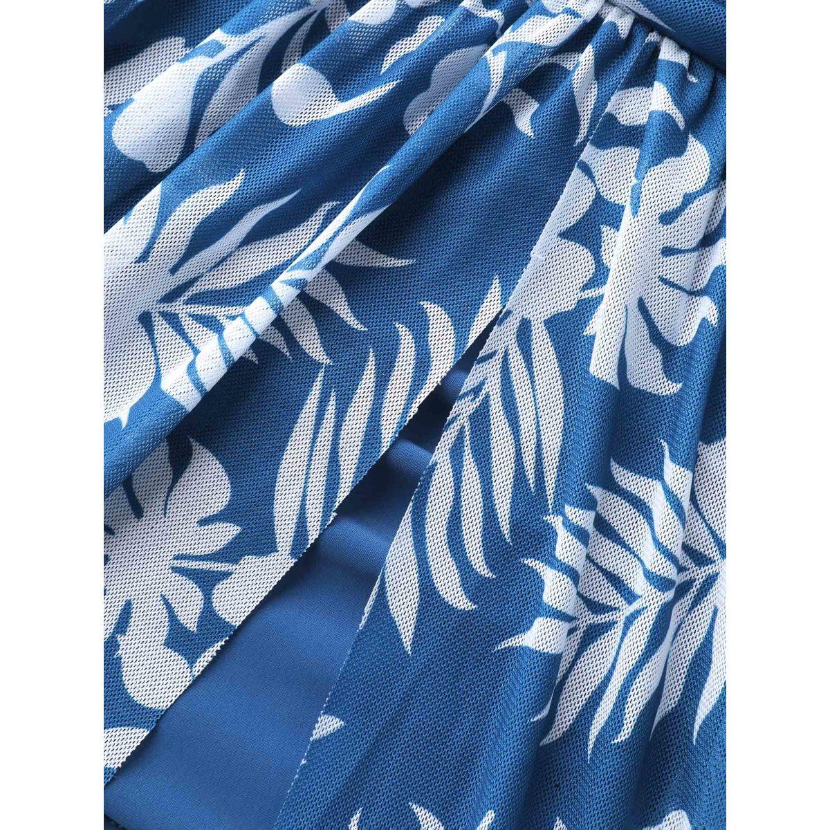 Plus Size Tropical Print Adjustable Slit Swim Dress Women's Swimwear Cerulean Beach Bodycon Overlap Collar High stretch Curve Swim Dresses BloomChic 18-20/2X Product Image