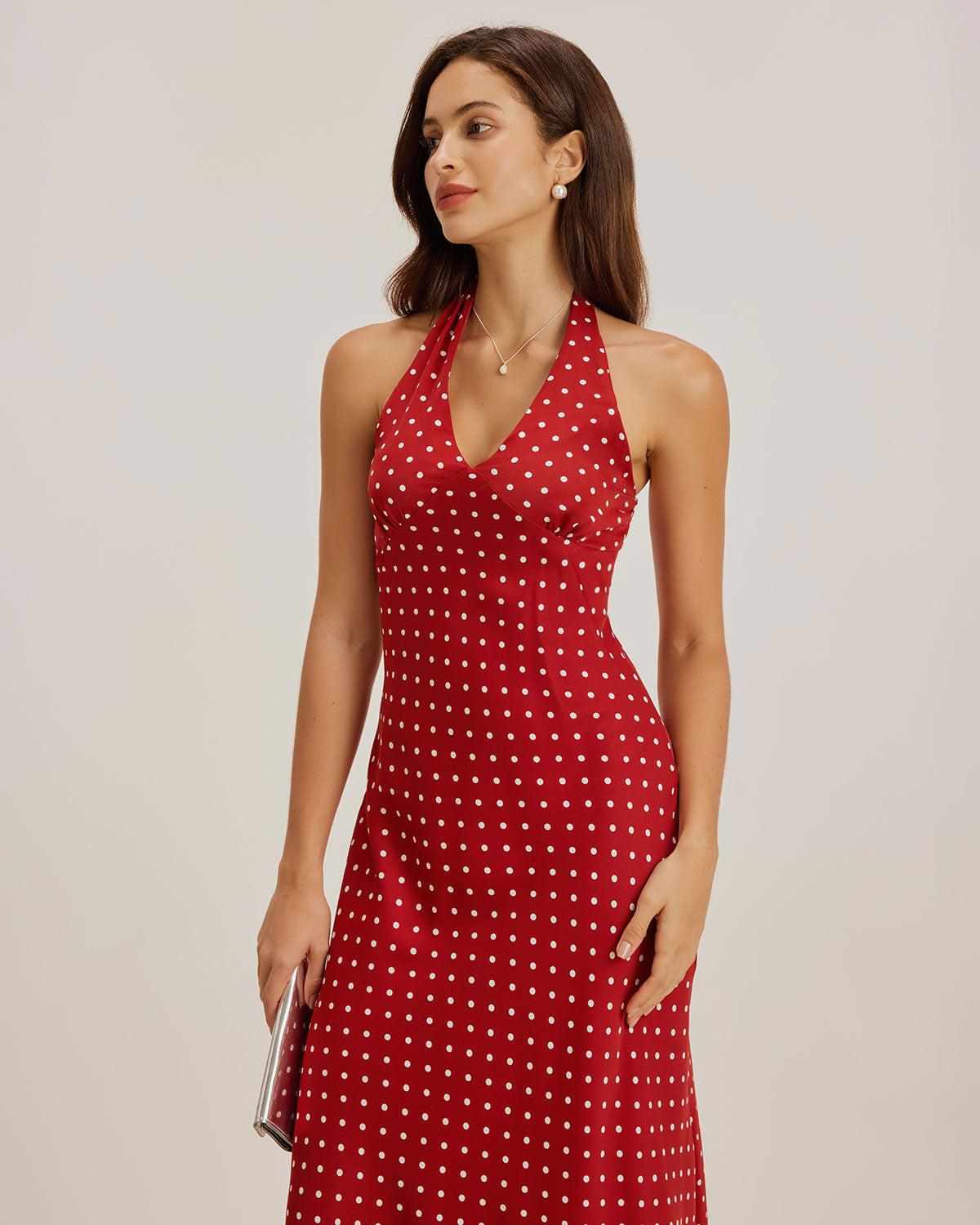 Red Polka Dot Halter Maxi Dress Product Image