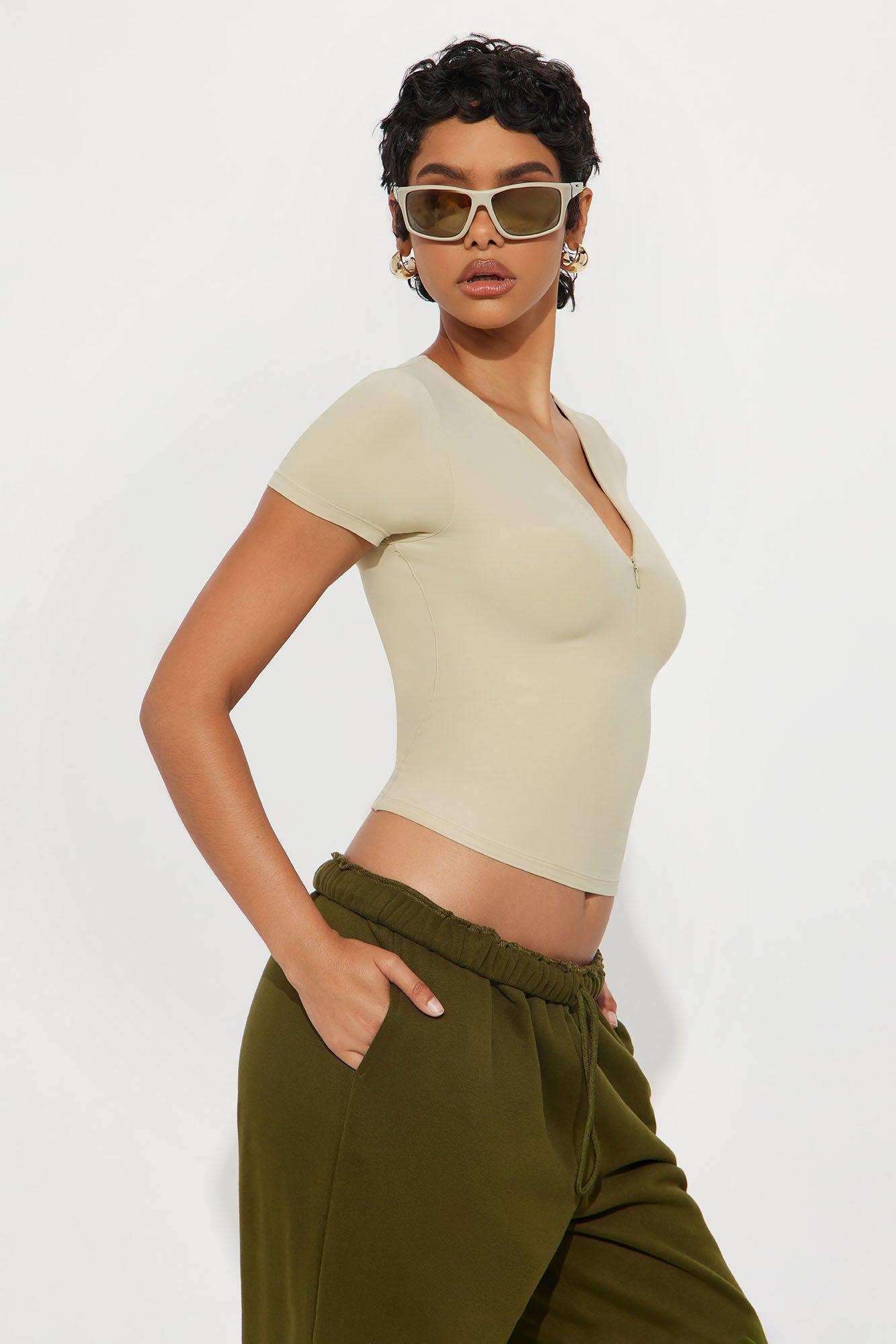 Second Skin Double Lined Zip Front Short Sleeve Top - Stone Female Product Image