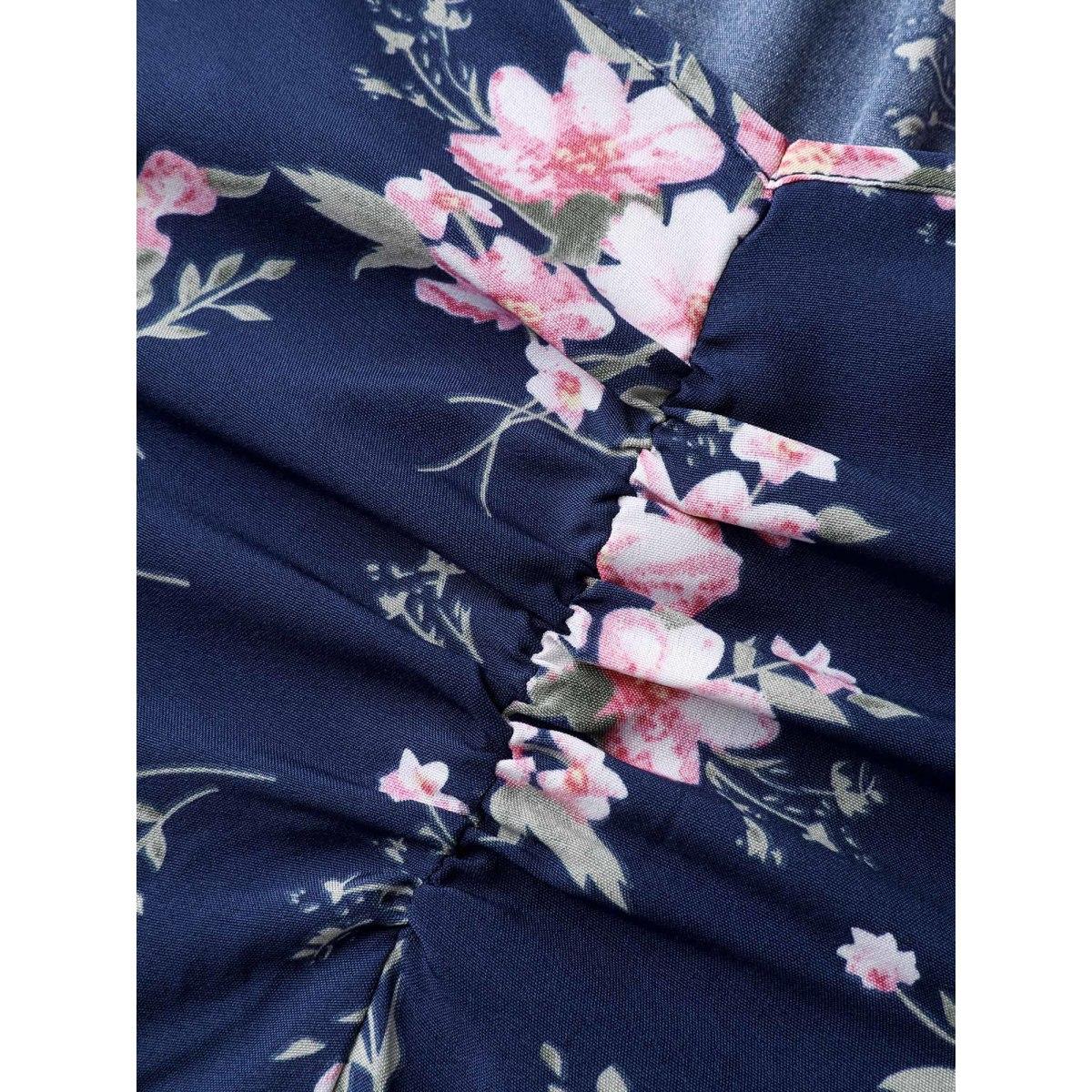 Plus Size Floral Stretchy Waist Ruffled Midi Dress Navy Women Timeless Heart neckline Elbow-length sleeve Curvy BloomChic 10/M Product Image