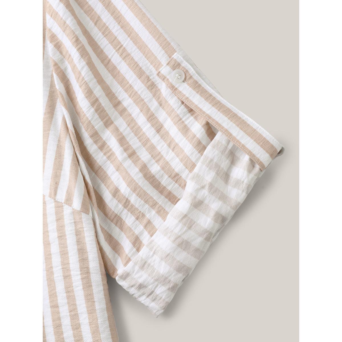 Plus Size Apricot Stripe Print Tab Sleeve Notched Collar Blouse Women Elbow-length sleeve Notched collar Work Blouses BloomChic 28/5X Product Image