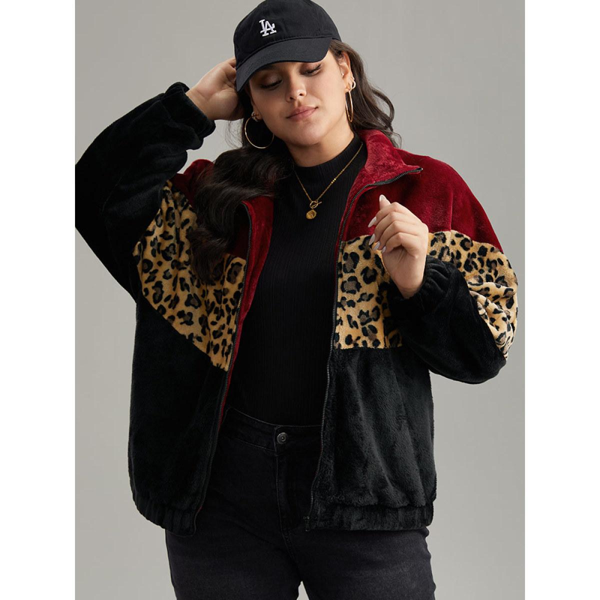 Plus Size Leopard Colorblock Contrast Zipper Jacket Women Scarlet Contrast Everyday Jackets BloomChic 10/M Product Image