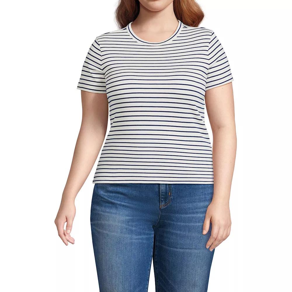 Plus Size Lands' End Drapey Rib Fitted Short Sleeve T-Shirt, Women's, Size: 1XL, Ivory Navy Stripe Product Image