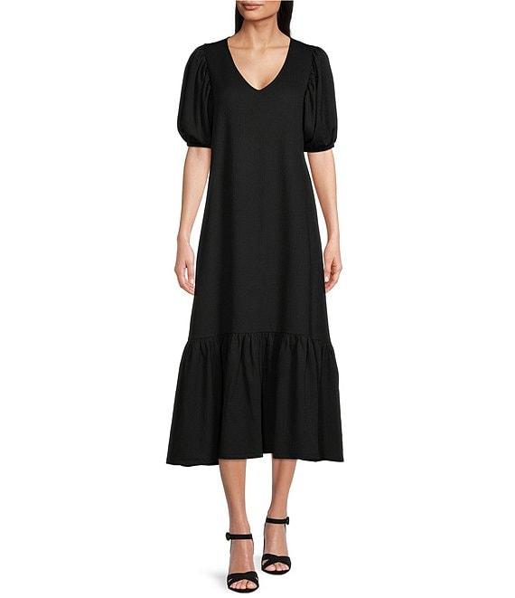 Gibson & Latimer Crepe Waffle Knit V-Neck Tie Back Detail Puffed Short Sleeve Tiered A-Line Flounce Midi Dres Product Image