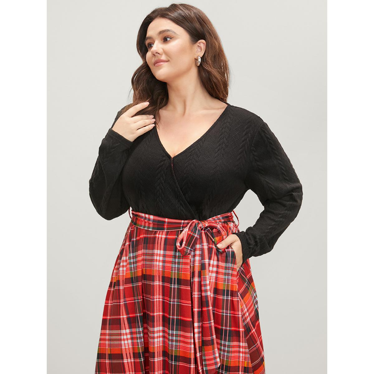 Plus Size Plaid Patchwork Pocket Cable Knit Belted Surplice Neck Dress Black Women Elegant Patchwork V-neck Long Sleeve Curvy Midi Dress BloomChic 30/6X Product Image