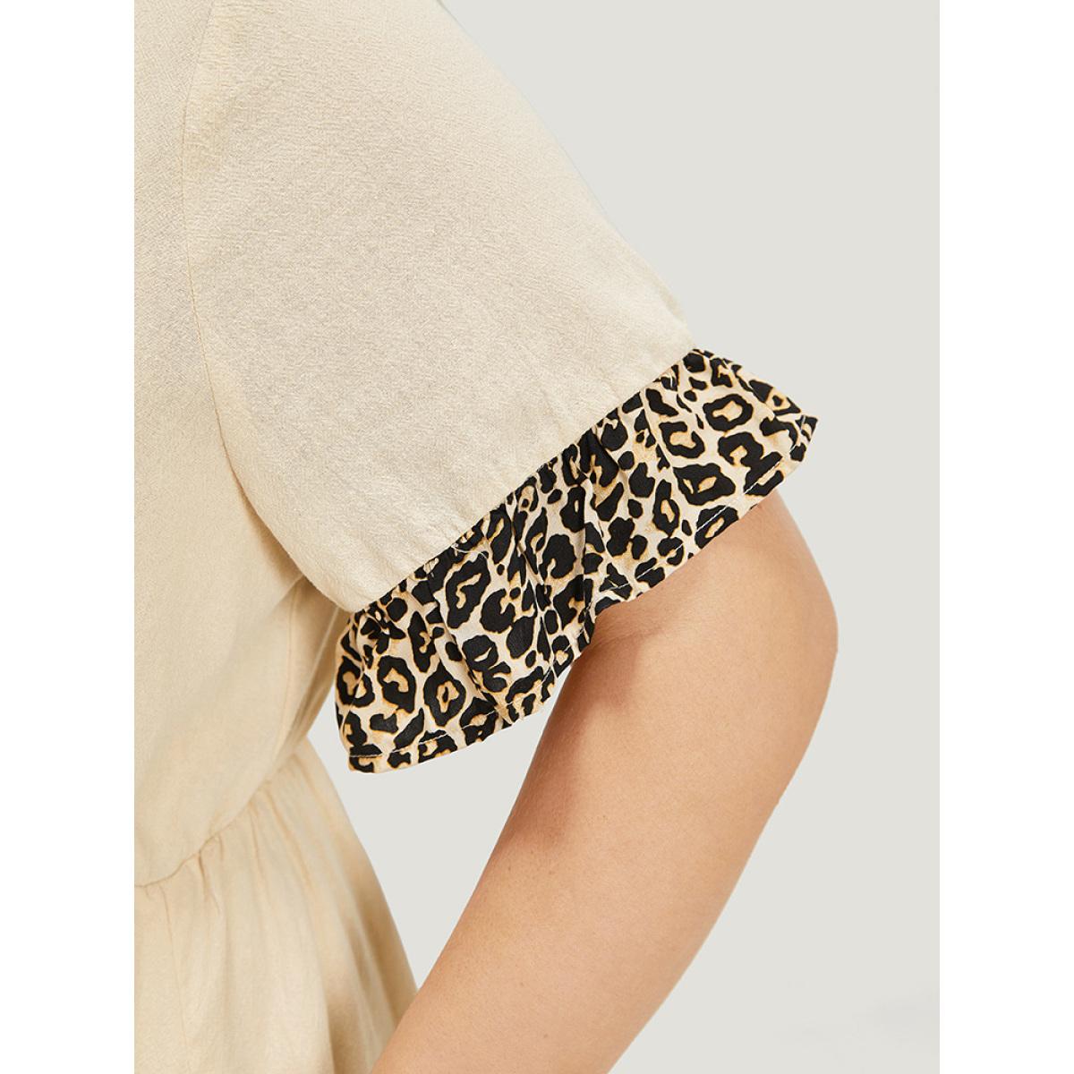 Plus Size Leopard Patchwork Pocket Flutter Trim Button Detail Dress Apricot Women Office Plain V-neck Short sleeve Curvy Midi Dress BloomChic 18-20/2X Product Image