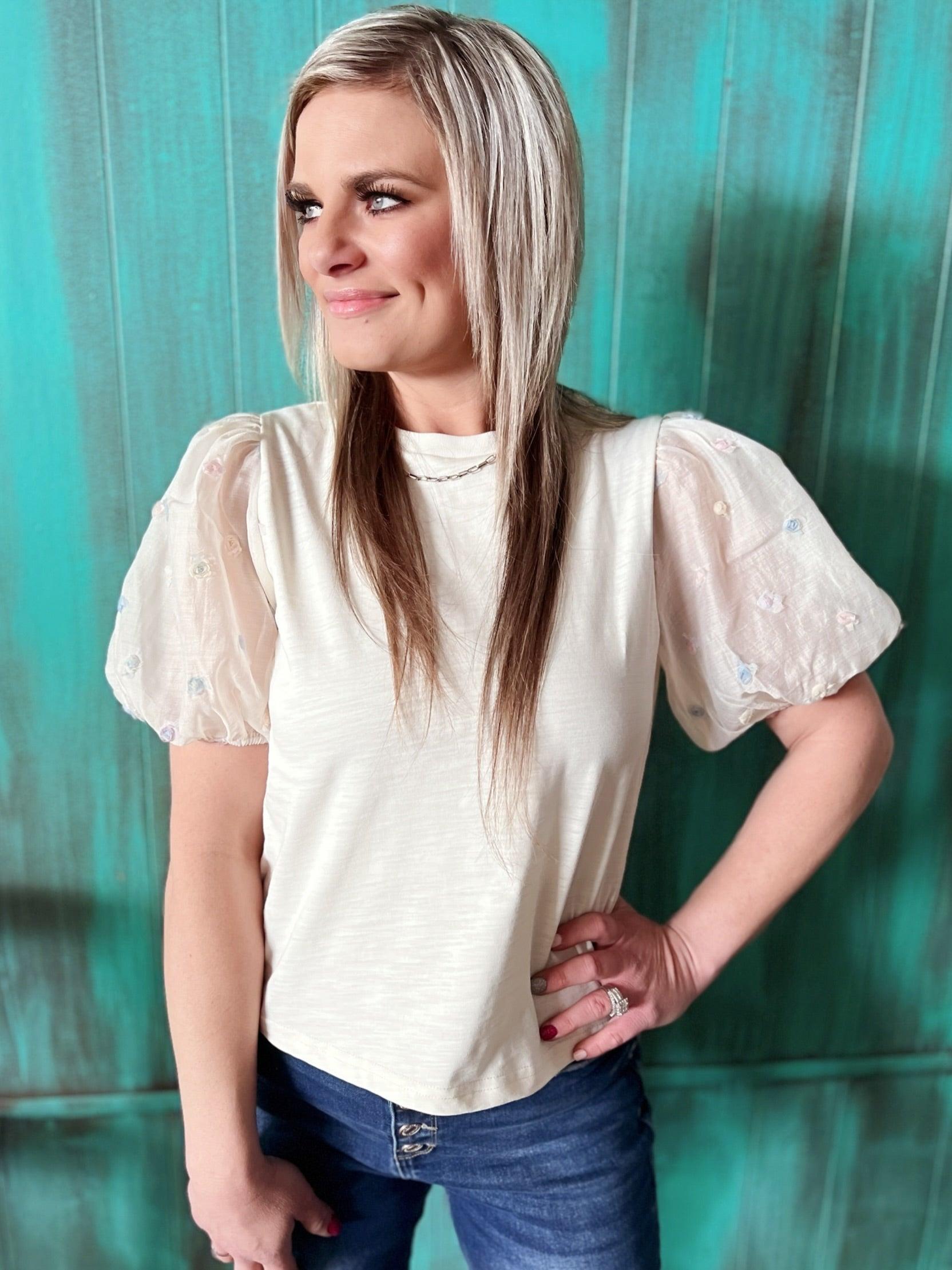 3D Flower Textured Sleeve Cream Top Product Image