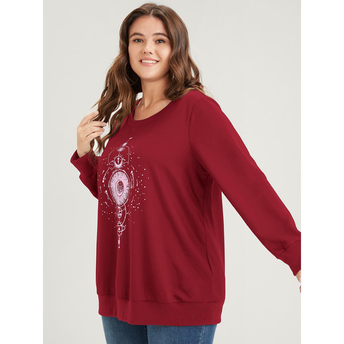 Plus Size Star Print Round Neck Drop Shoulder Sweatshirt Women Burgundy Casual Printed Round Neck Dailywear Sweatshirts BloomChic 26/4X Product Image