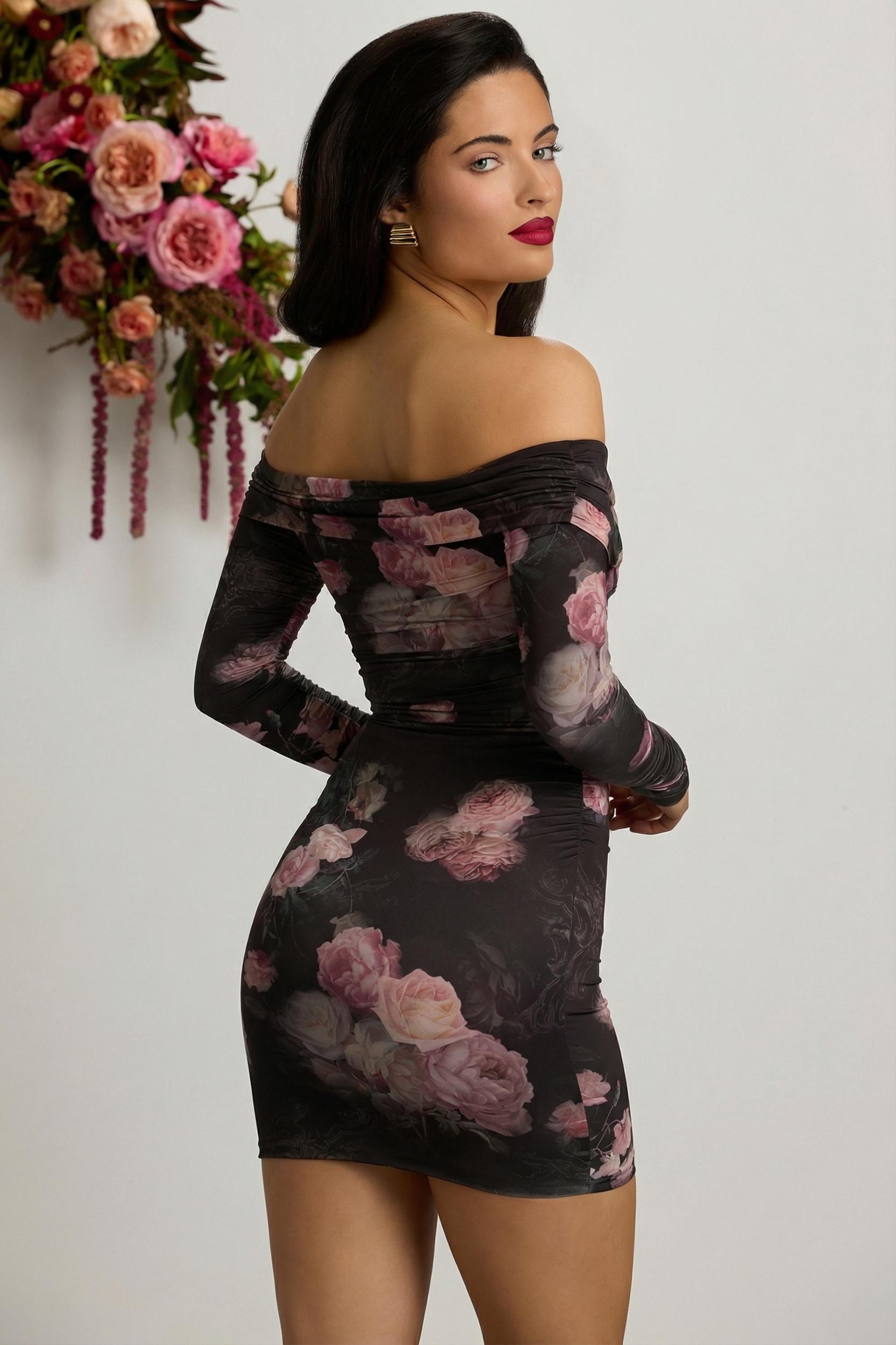 Off-Shoulder Ruched Bodycon Mini Dress in Black Floral Print Female Product Image