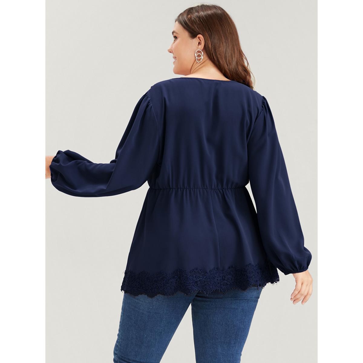 Plus Size Navy Solid Lantern Sleeve Ruffle Hem Lace Trim Blouse Women Elegant Long Sleeve V-neck Dailywear Blouses BloomChic 10/M Product Image