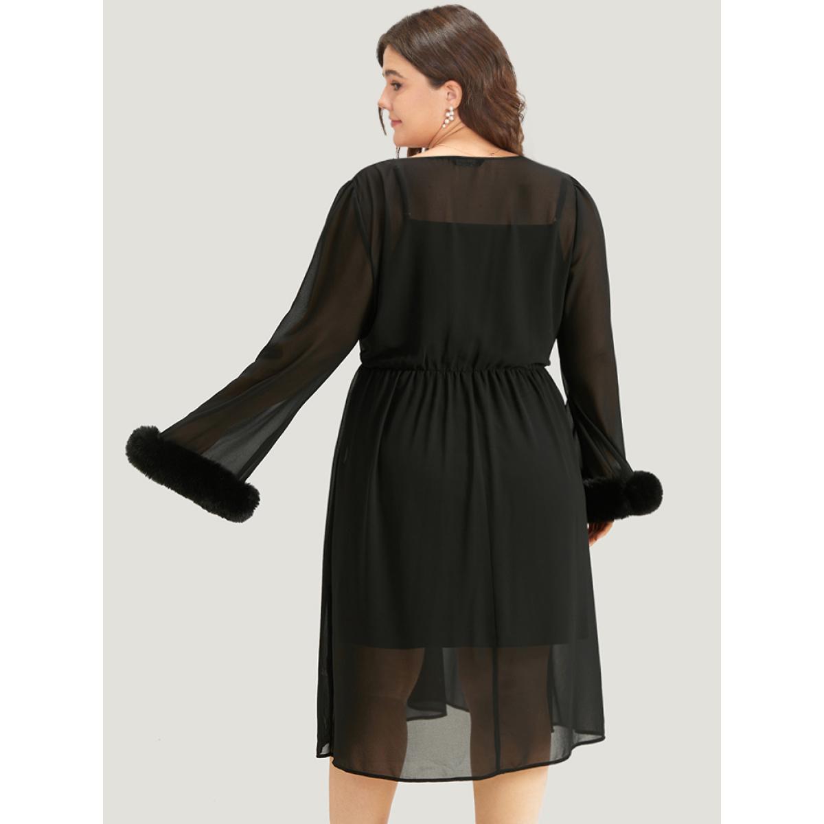 Plus Size Halloween Patchwork Chiffon Mesh Button Up Fuzzy Trim Dress Black Women Elegant Plain V-neck Long Sleeve Curvy Midi Dress BloomChic 18-20/2X Product Image