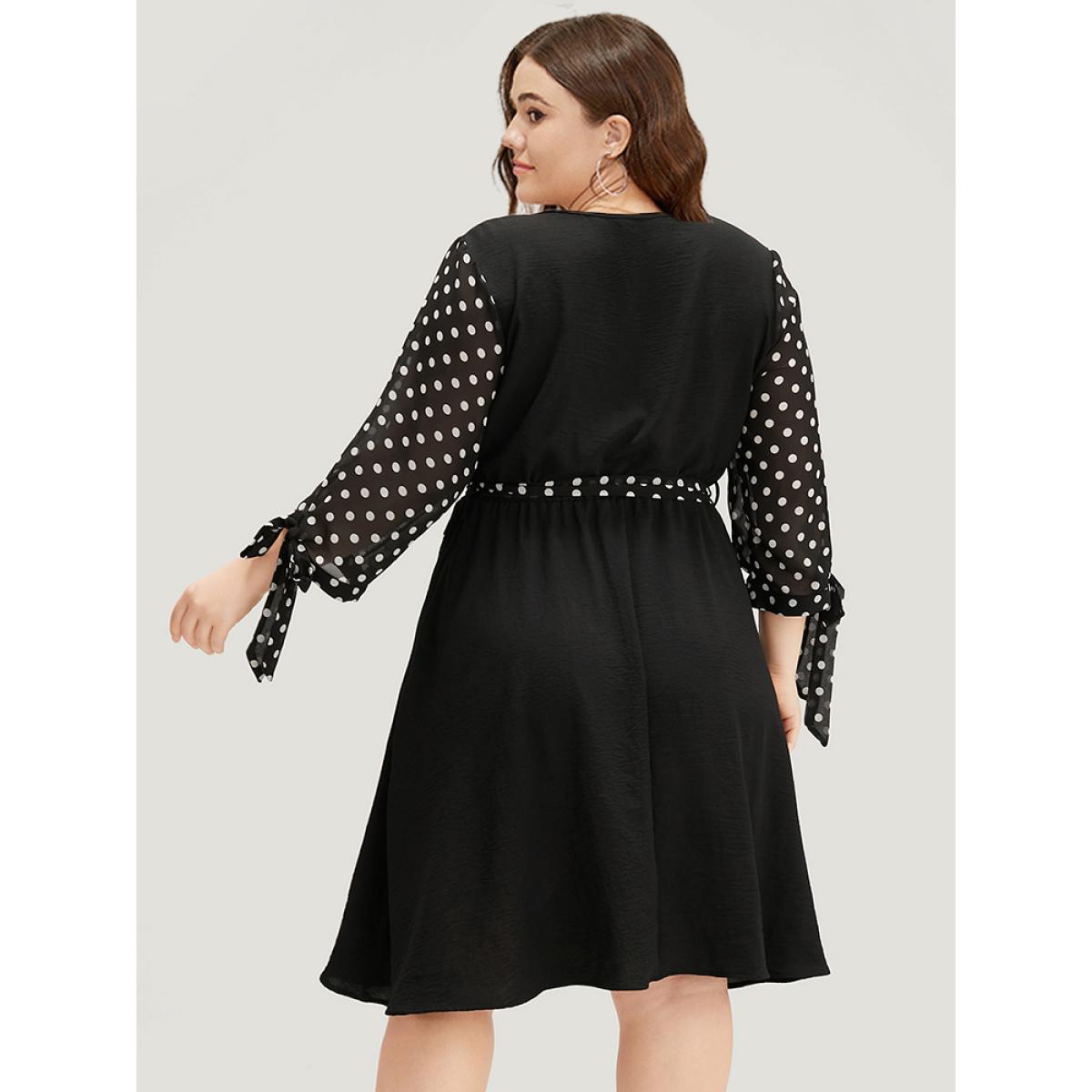 Plus Size Polka Dot Patchwork Mesh Belted Bowknot Dress Black Women Office See through Round Neck Long Sleeve Curvy Midi Dress BloomChic 26/4X Product Image