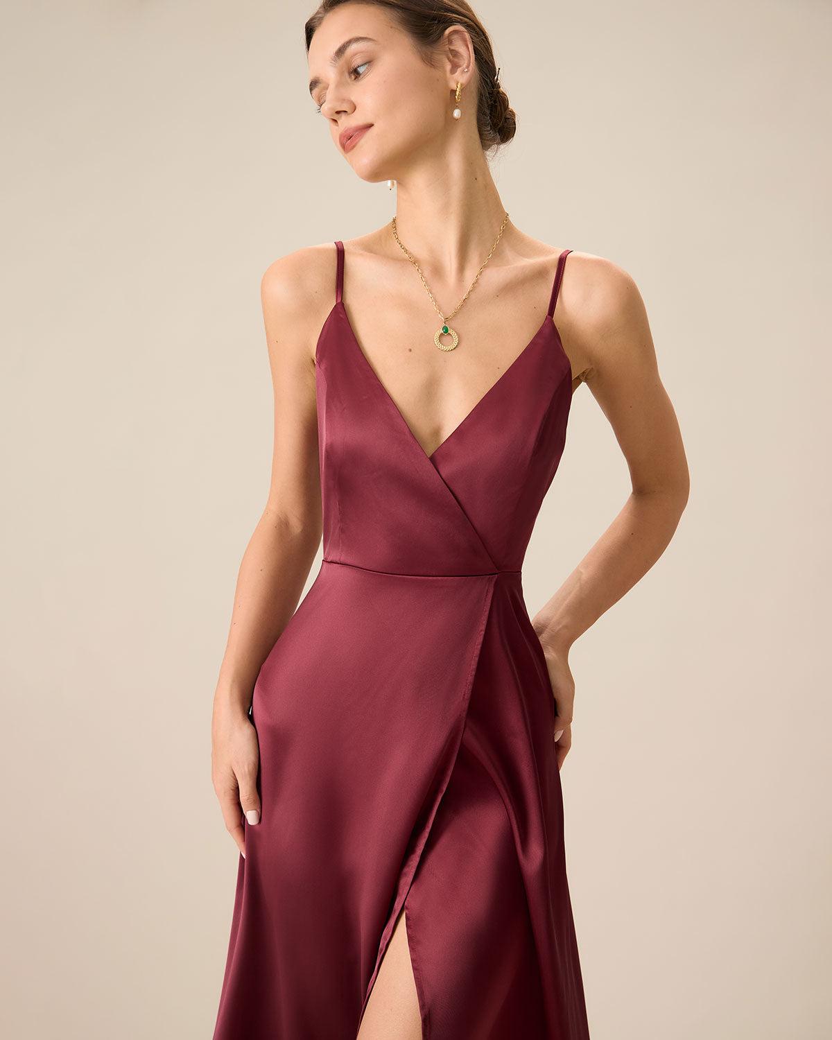 Red Satin Slit Maxi Dress Product Image