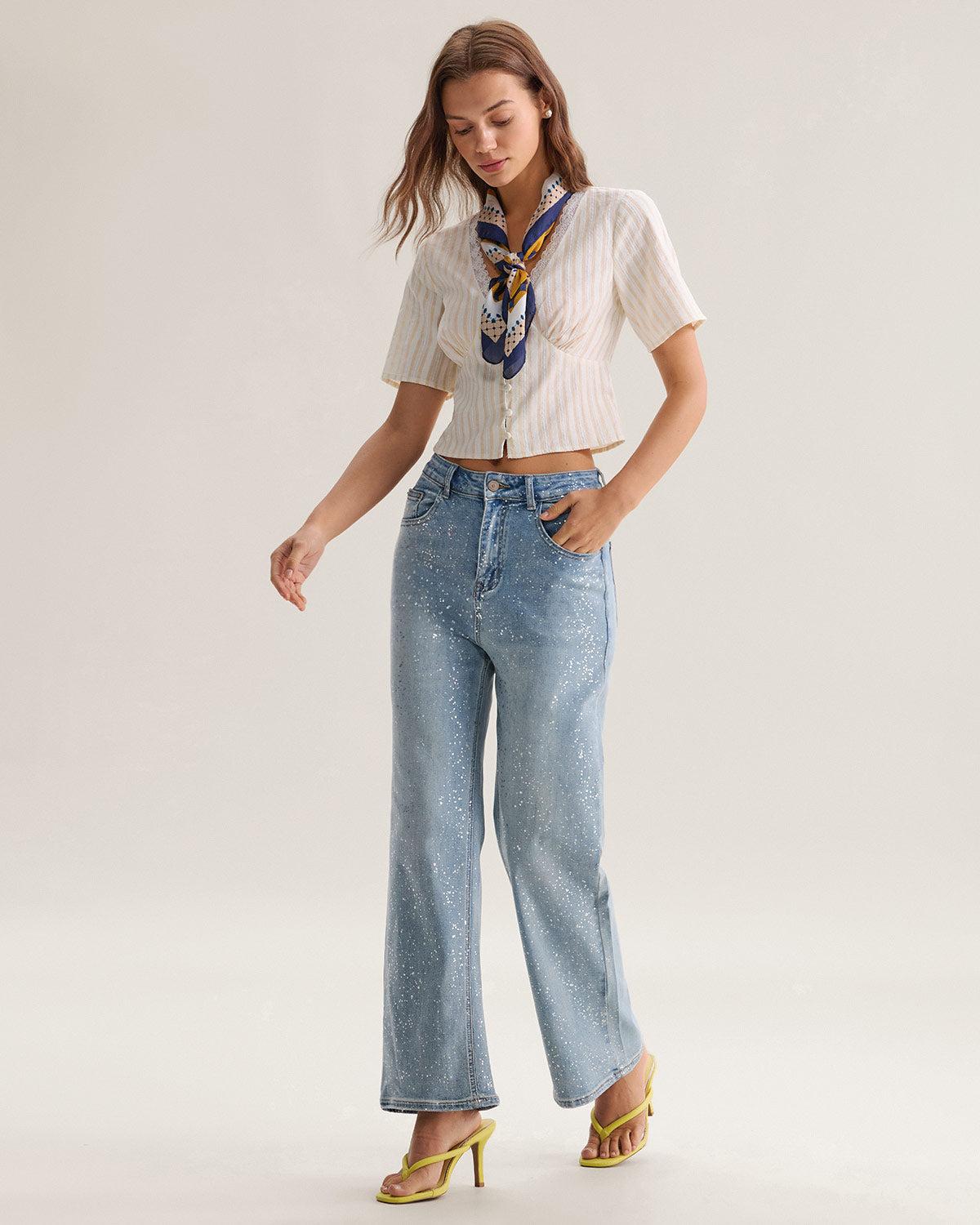 Blue Straight Sparkly Jeans Product Image