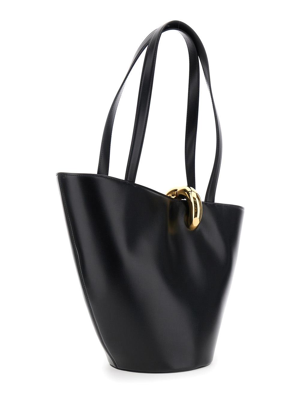 JACQUEMUS The Medium Bambola Asymmetric Leather Bucket Bag In Black 990 Product Image