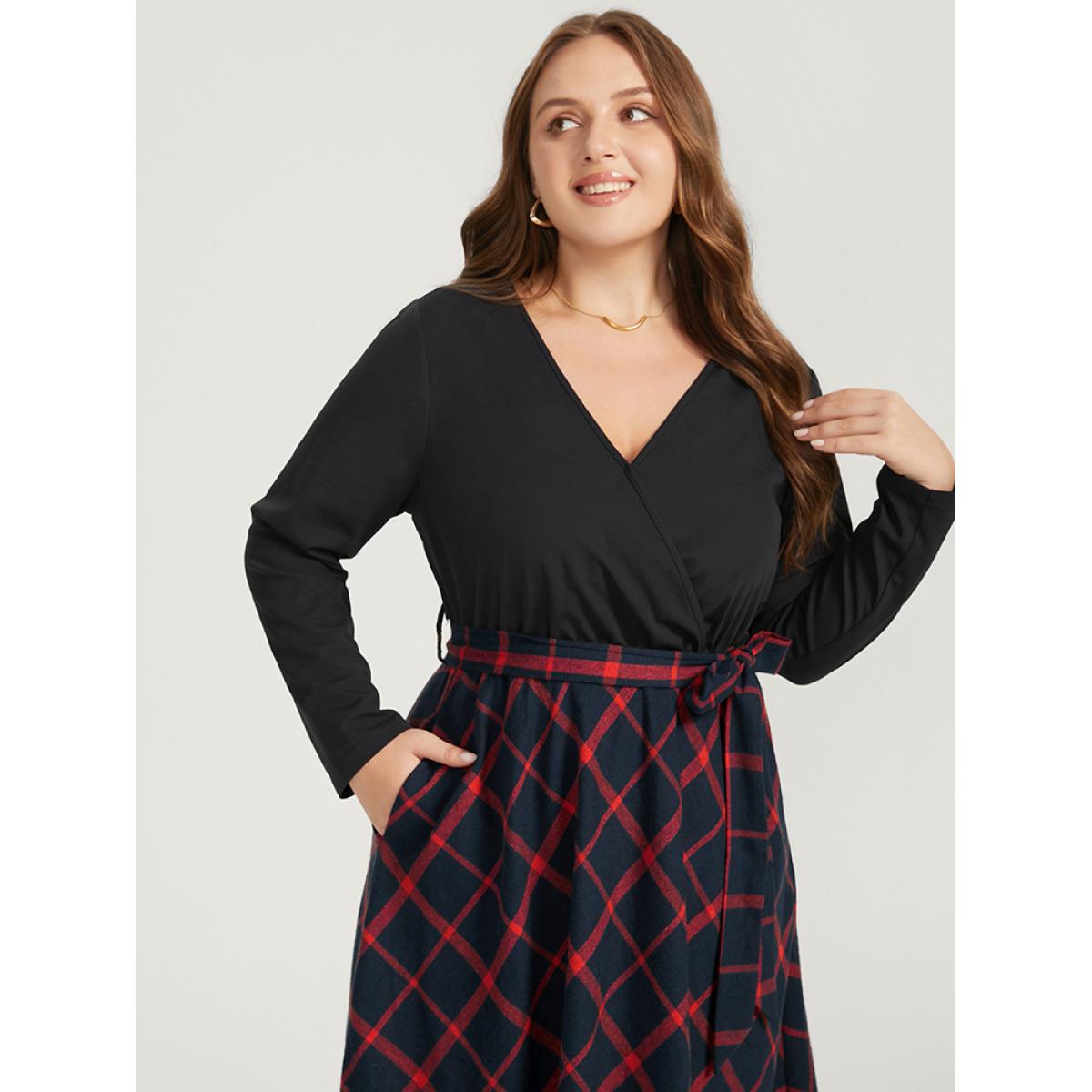 Plus Size Plaid Patchwork Pocket Belted Surplice Neck Dress Scarlet Women Elegant Belted V-neck Long Sleeve Curvy Midi Dress BloomChic 22-24/3X Product Image