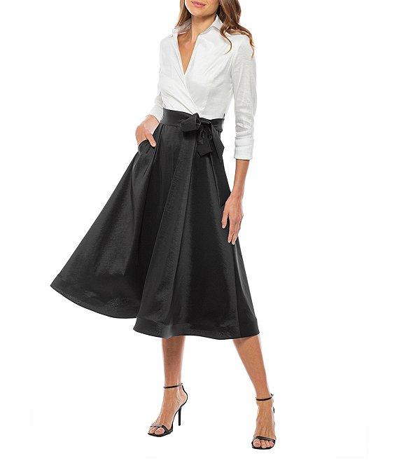 Marina Collared V Neck 3/4 Sleeve Tie Sash Taffeta Fit and Flare Midi Dress Product Image