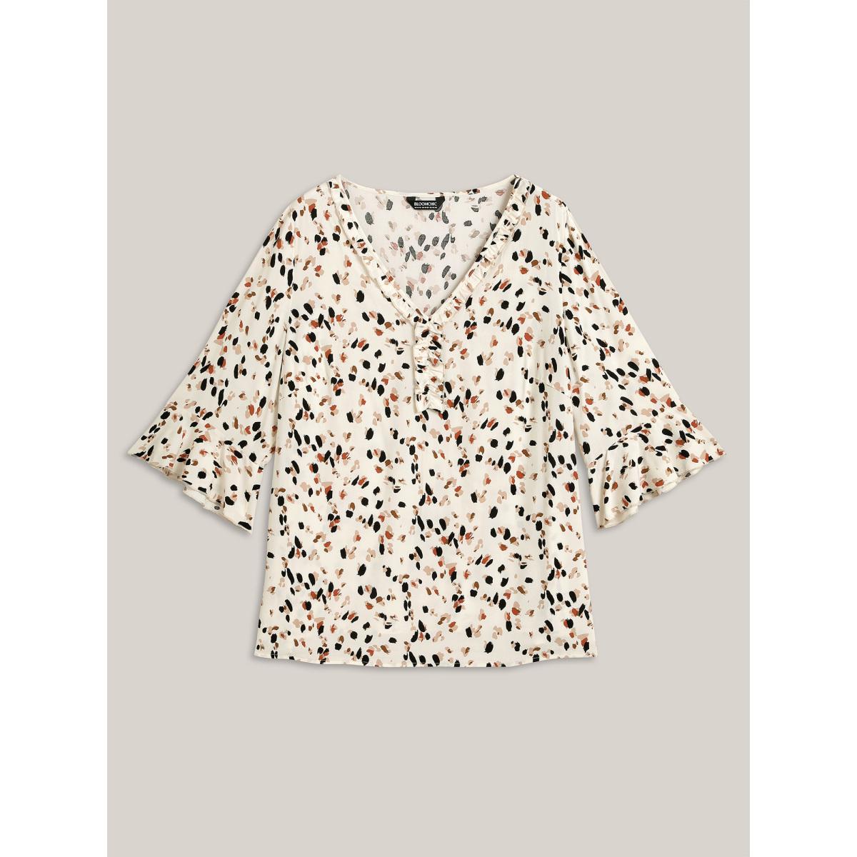 Plus Size Ivory Leopard Print Ruffled Detail Shirt Women Elegant Elbow-length sleeve V-neck Everyday Blouses BloomChic 10/M Product Image