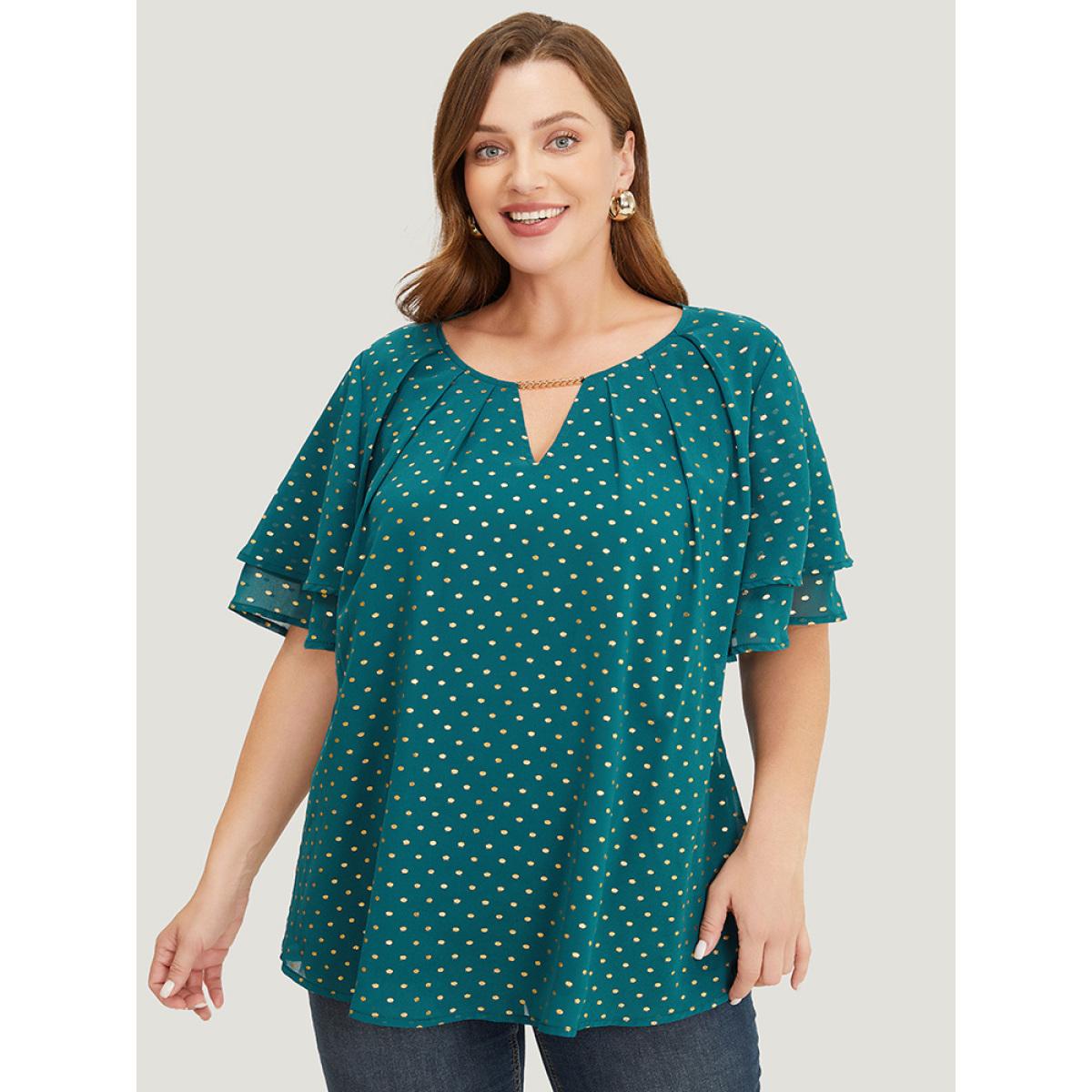 Plus Size DarkGreen Polka Dot Glitter Tiered Sleeve Pleated Keyhole Chain Neck Blouse Women Party Short sleeve Round Neck Going out Blouses BloomChic 30/6X Product Image