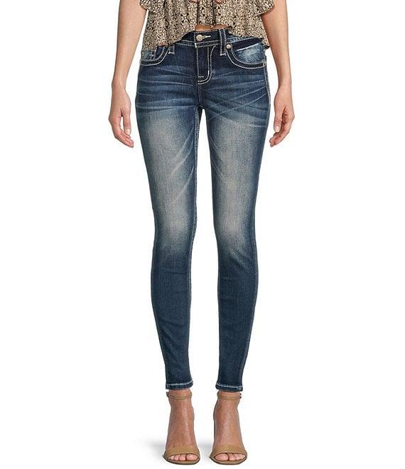 Miss Me Mid Rise Turquoise Stud Fleur-De-Lis Skinny Jeans Product Image