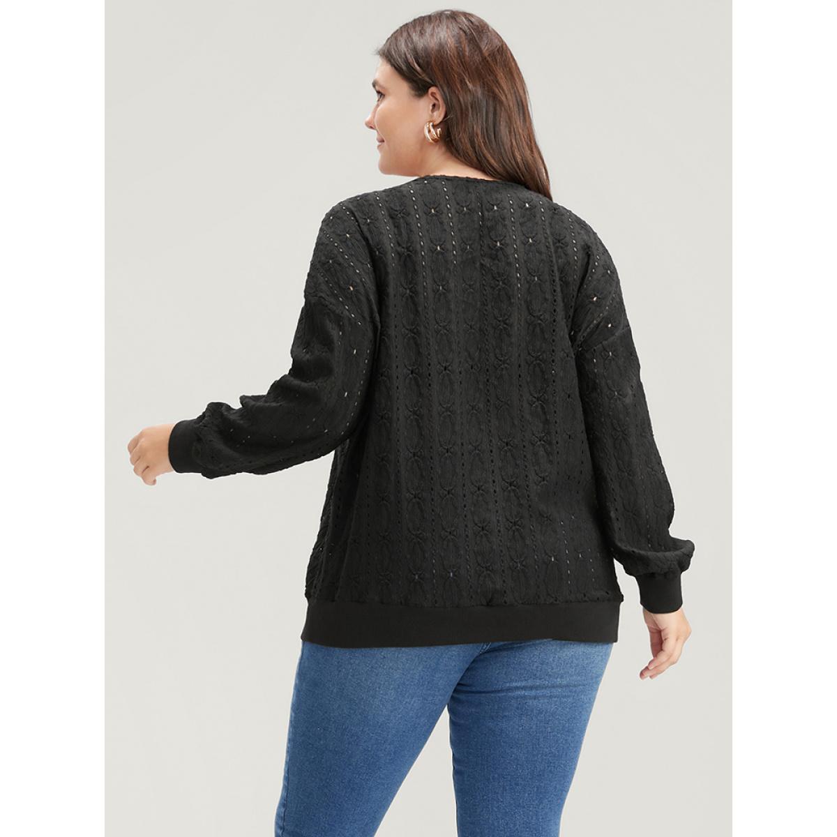 Plus Size Solid Wrap Eyelet Lace Sweatshirt Women Black Elegant Wrap V-neck Dailywear Sweatshirts BloomChic 22-24/3X Product Image