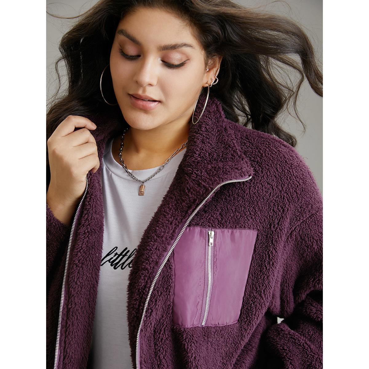 Plus Size Contrast Zipper Pocket Teddy Jacket Women Purple Elastic cuffs Pocket Dailywear Jackets BloomChic 14-16/1X Product Image