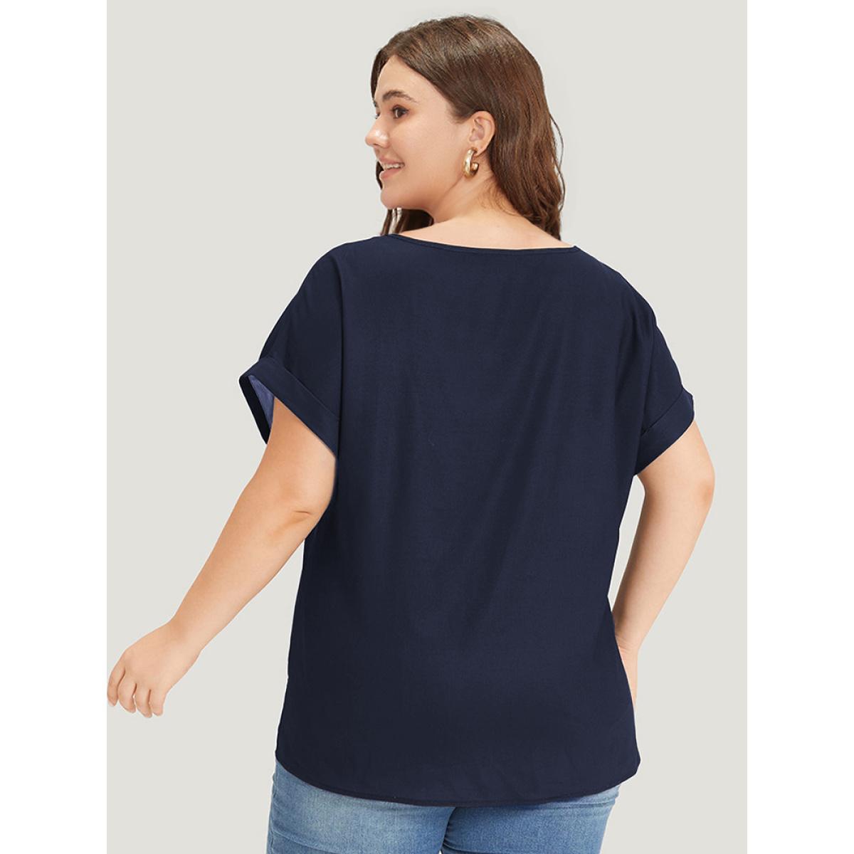 Plus Size Indigo Floral Print Crew Neck Roll Dolman Sleeve Blouse Women Elegant Short sleeve Round Neck Dailywear Blouses BloomChic 14-16/1X Product Image