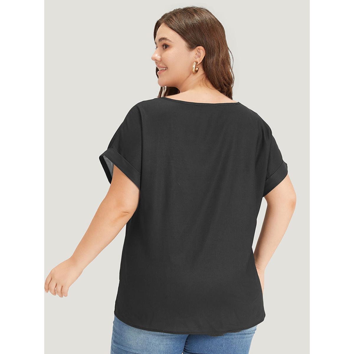 Plus Size Black Floral Print Crew Neck Roll Dolman Sleeve Blouse Women Elegant Short sleeve Round Neck Dailywear Blouses BloomChic 22-24/3X Product Image