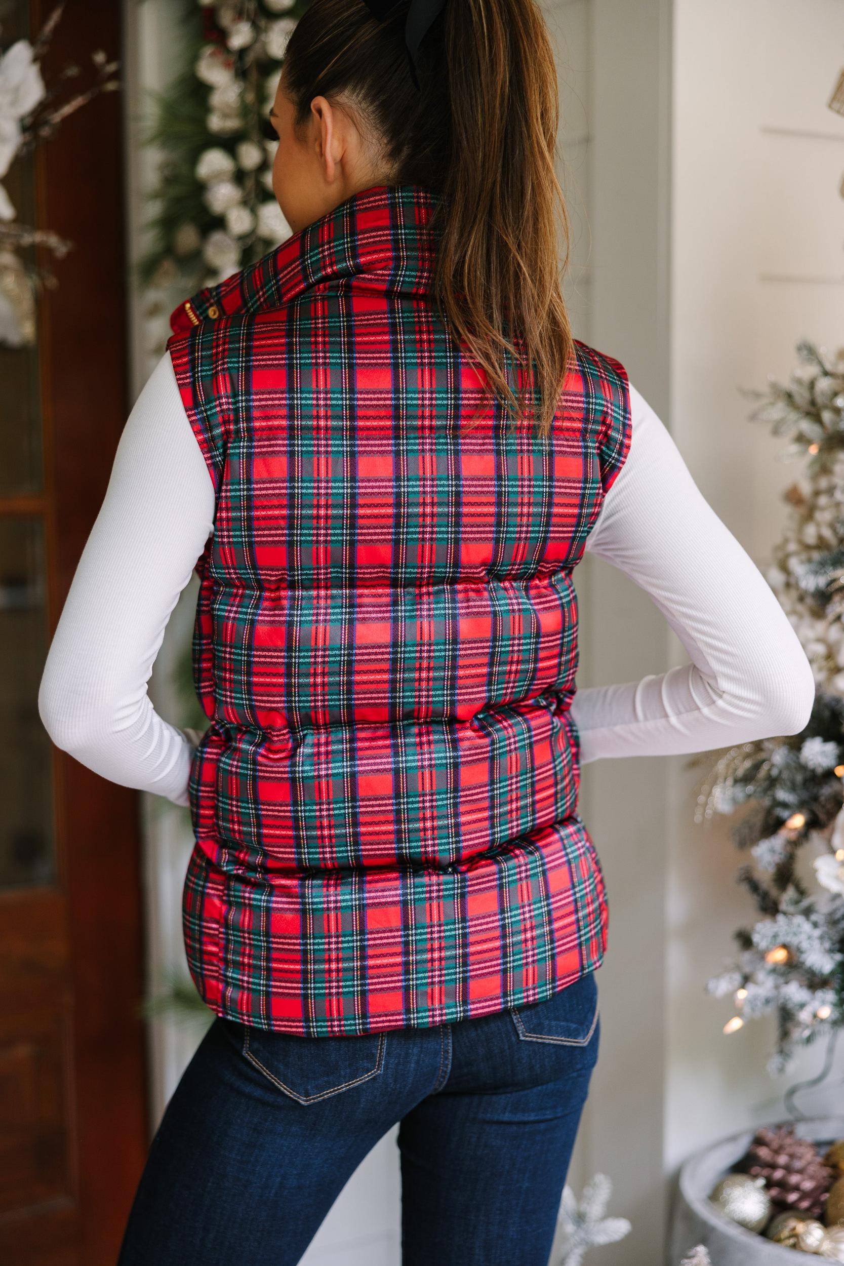 More The Merrier Red Tartan Plaid Puffer Vest Female Product Image