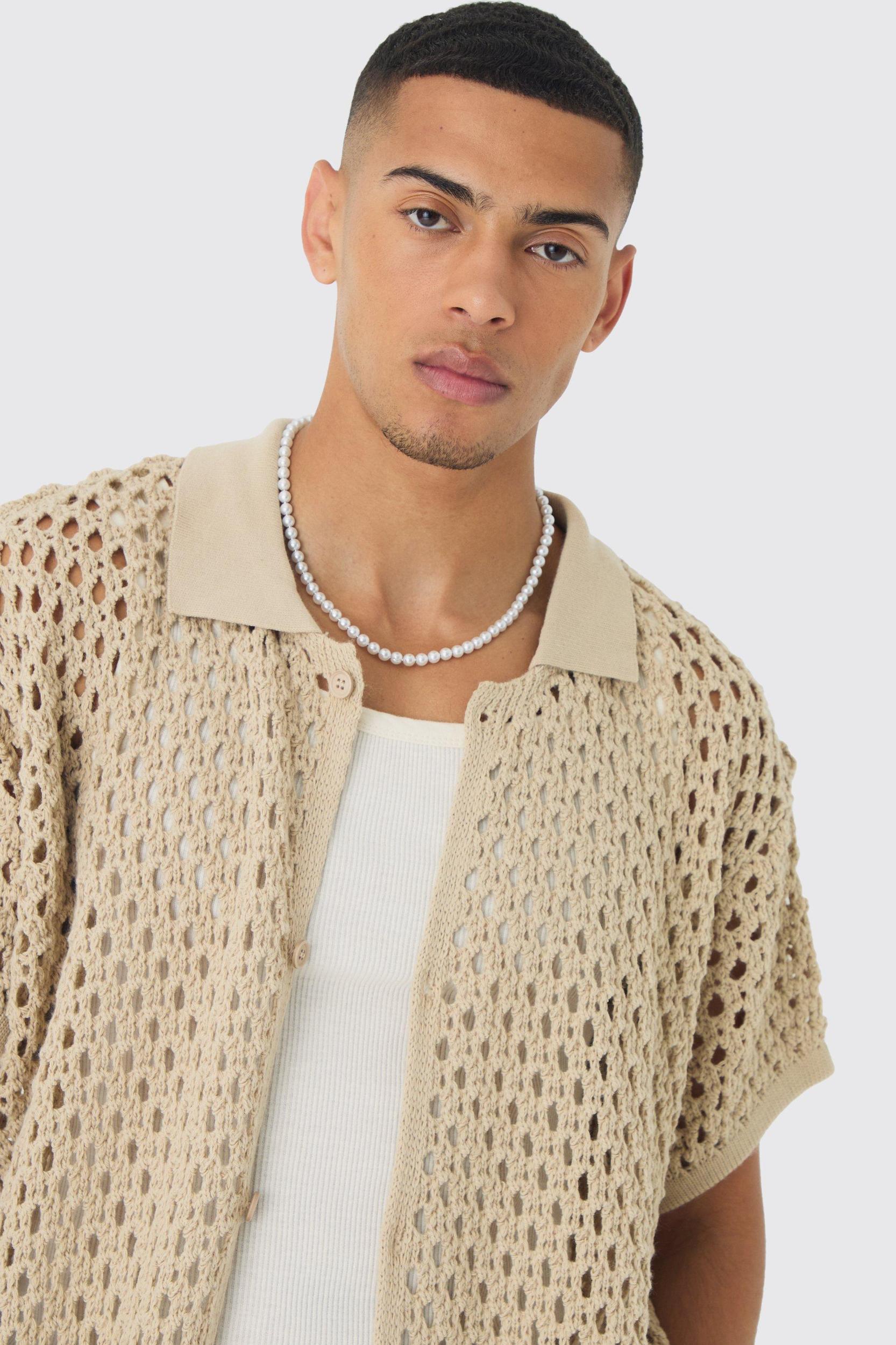 Oversized Boxy Fit Crochet Shirt | boohooMAN USA Product Image