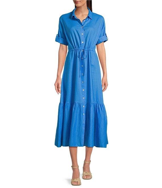 Charlie B. Linen Blend Point Collar Short Sleeve Drawstring Shirt Dress Product Image