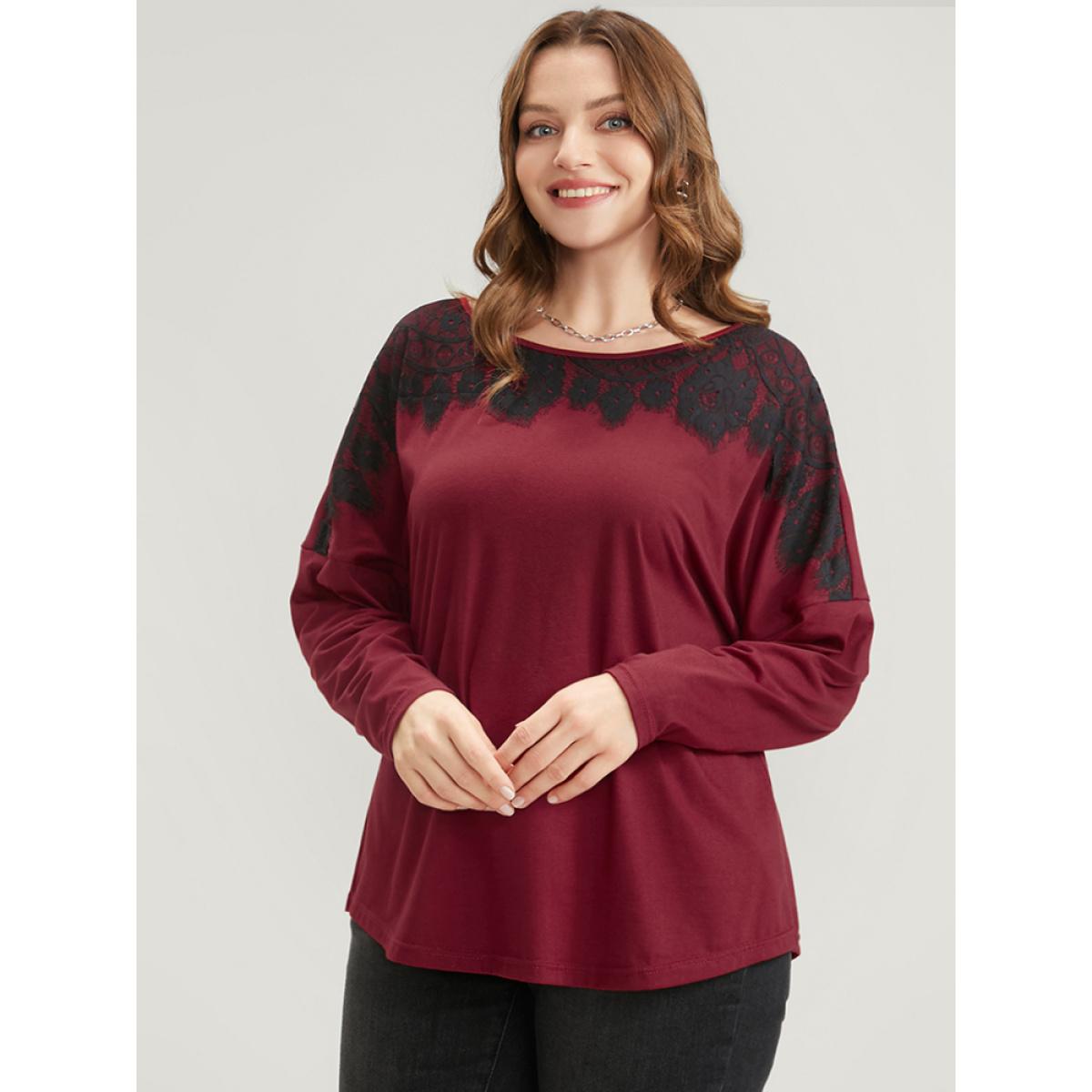 Plus Size Solid Round Neck Contrast Lace Long Tee Red Women Elegant Lace Plain Round Neck Dailywear T-shirts BloomChic 14-16/1X Product Image