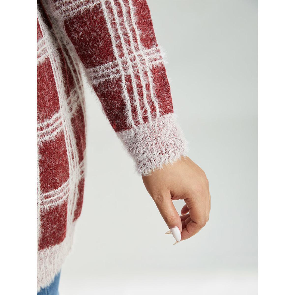 Plus Size Plaid Fuzzy Heather Button Fly Tunic Cardigan Burgundy Women Casual Loose Long Sleeve Festival-Christmas Cardigans BloomChic 22-24/3X Product Image