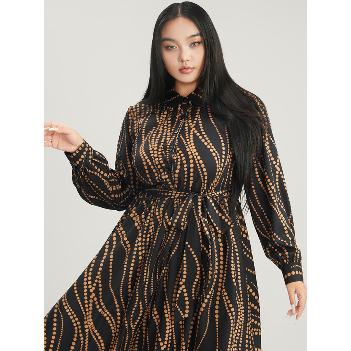 Plus Size Polka Dot Pocket Button Detail Belted Shirt Collar Dress Black Women Office Pocket Shirt collar Long Sleeve Curvy Midi Dress BloomChic 28/5X Product Image