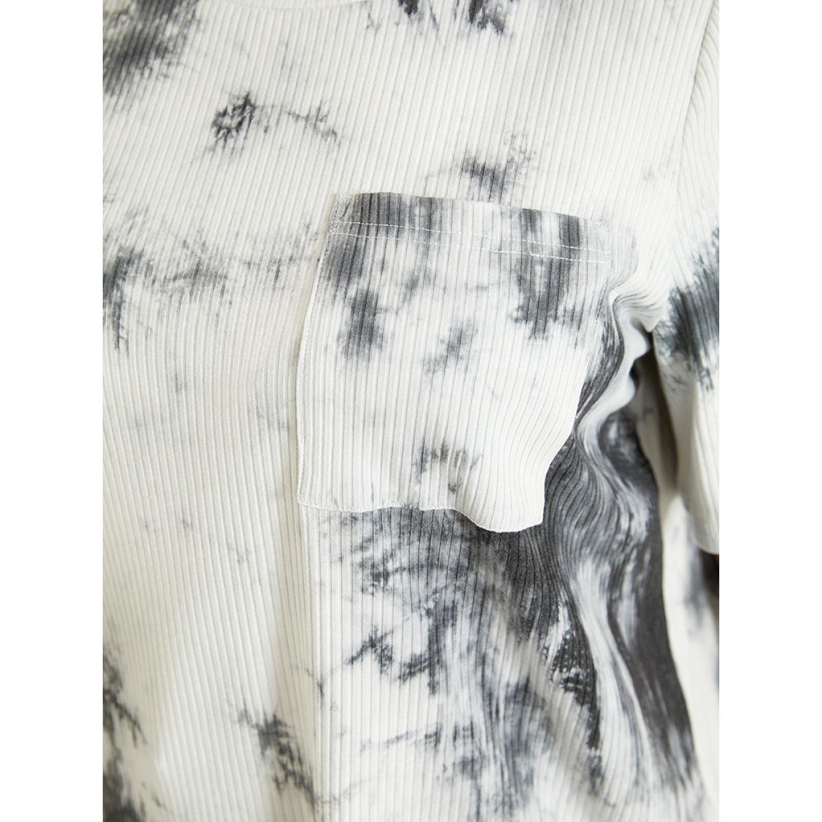 Plus Size Tie Dye Pocket Rib Knit T-shirt Gray Women Casual Tie Dye Round Neck Dailywear T-shirts BloomChic 18-20/2X Product Image