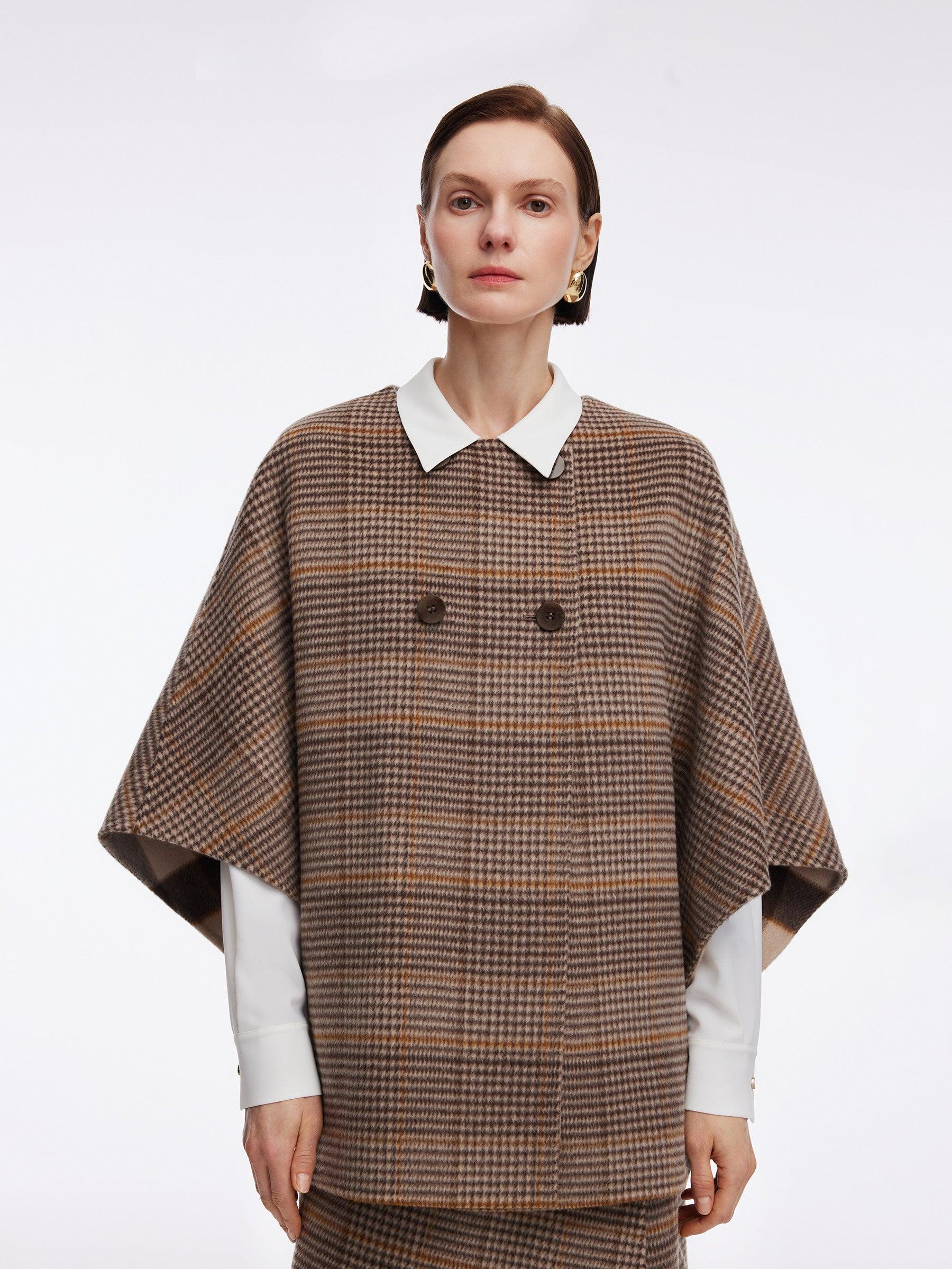 Cashmere Wool Plaid Double-Faced Reversible Women Cape Coat With Scarf Product Image