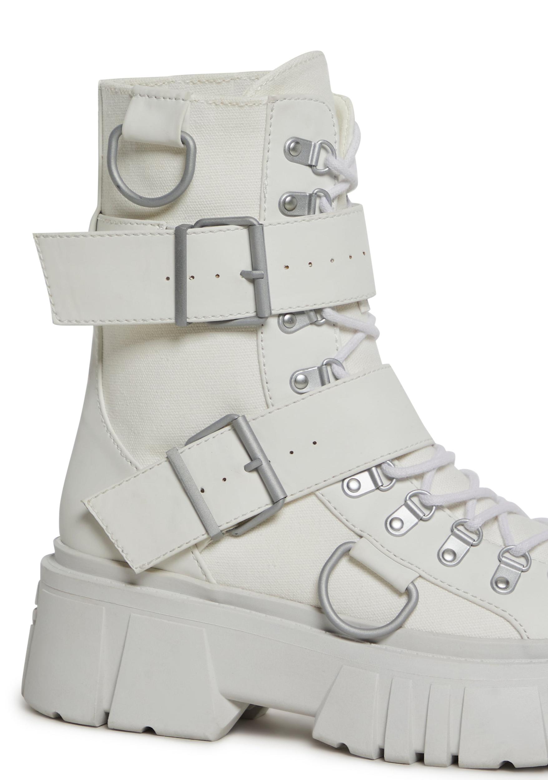 Club Exx Burning Man Buckle D Ring Lace Up Combat Boots - White Product Image