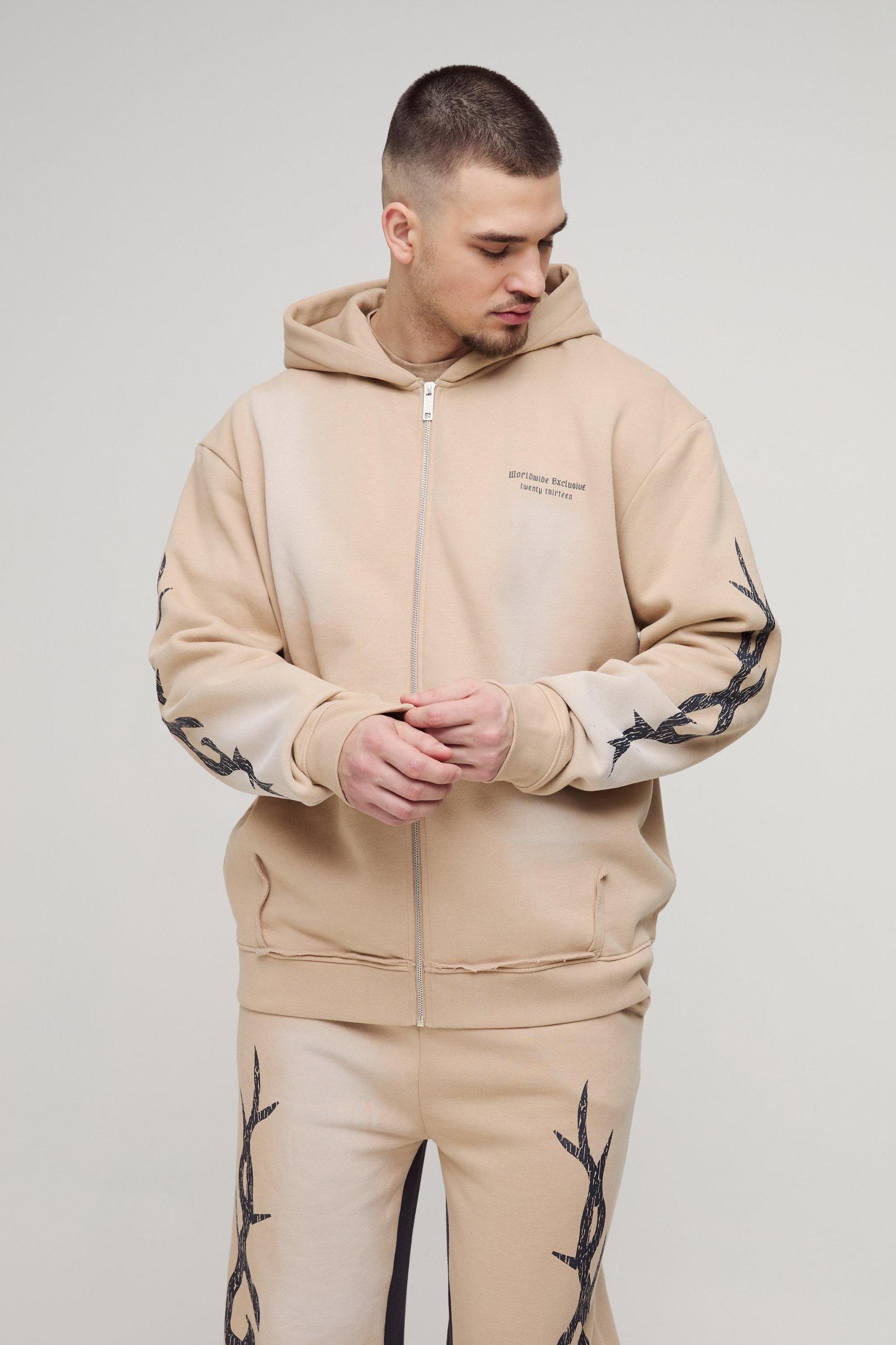 Tall Oversized Zip Thru Graphic Spray Wash Hooded Relaxed Flare Tracksuit | boohooMAN USA Product Image
