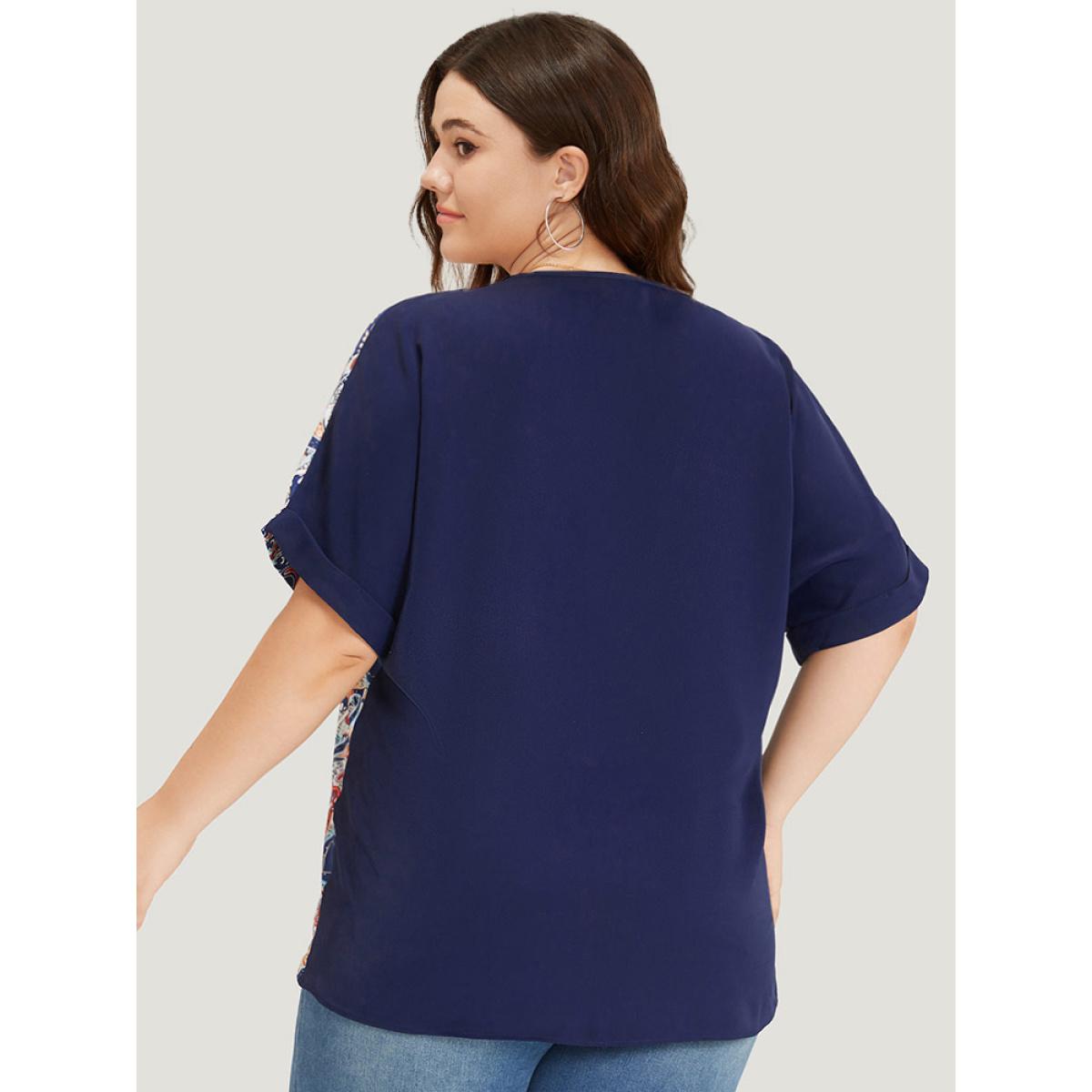 Plus Size Indigo Bandana Print Patchwork Contrast Roll Batwing Sleeve Blouse Women Vacation Short sleeve V-neck Dailywear Blouses BloomChic 28/5X Product Image